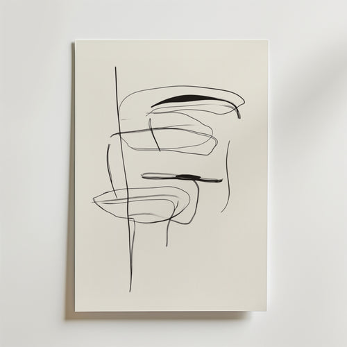 Bozetto Voices in Motion Poster visar minimalistisk abstrakt konst på premiumpapper, med tunna, svarta böjda och raka linjer som korsar varandra på en vit duk, vilket skapar slående enkelhet med gott om vitt utrymme.