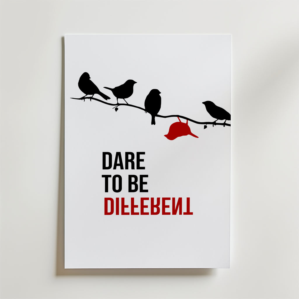 Dare To Be Different Poster – En minimalistisk poster med stark symbolik – en röd detalj som bryter av från mängden och