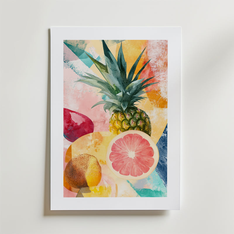 Bozetto Abstract Harvest No.2 Poster föreställer en levande ananas, halverad grapefrukt och frukter på en abstrakt pastellfärgad bakgrund, i en vit ram och tryckt på FSC-certifierat premiumpapper med lyxig matt yta.