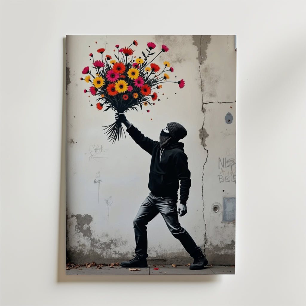 En maskerad figur i svart huvtröja står vid en sprucken vägg, redo att kasta en färgglad bukett. Bozetto Flower Molotov Poster poppar med street art på premiumpapper med lyxig matt yta för en urban känsla.