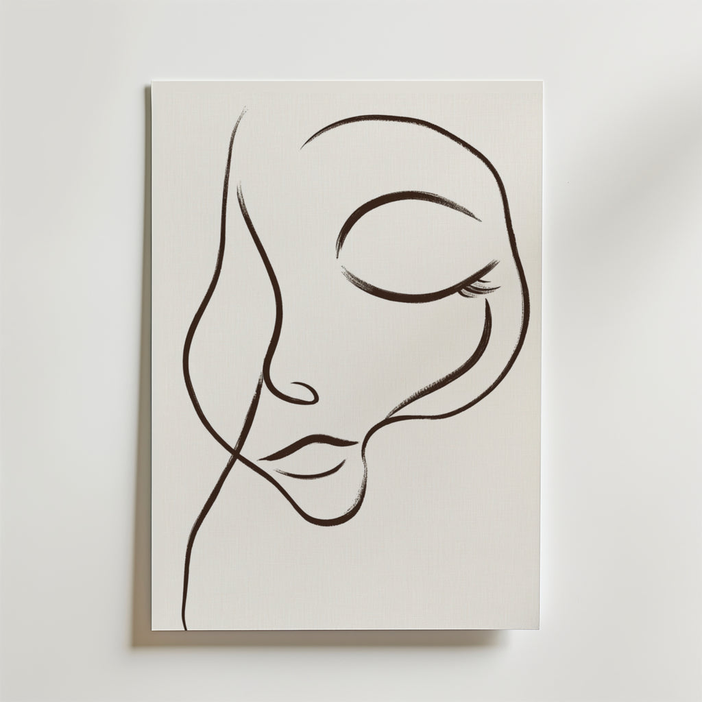 Dreamy Line Art Face Poster" av Bozetto föreställer ett lugnt ansikte med slutna ögon och böjda läppar, tecknat med minimalistiska svarta linjer på vit canvas för en elegant, abstrakt look.