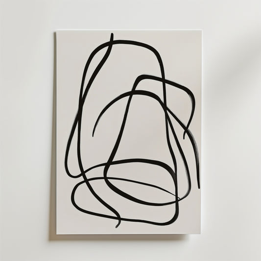 Bozetto's Fluid Lines Poster har djärva, svarta, kontinuerliga abstrakta linjer på en vit bakgrund, tryckt på premiumpapper för en raffinerad touch av konst och ser slående ut när den monteras på en ljus vägg.