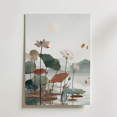 Misty Lotus Lake – stilfullt konsttryck från Bozetto, tryckt på matt finpapper i hög tryckkvalitet