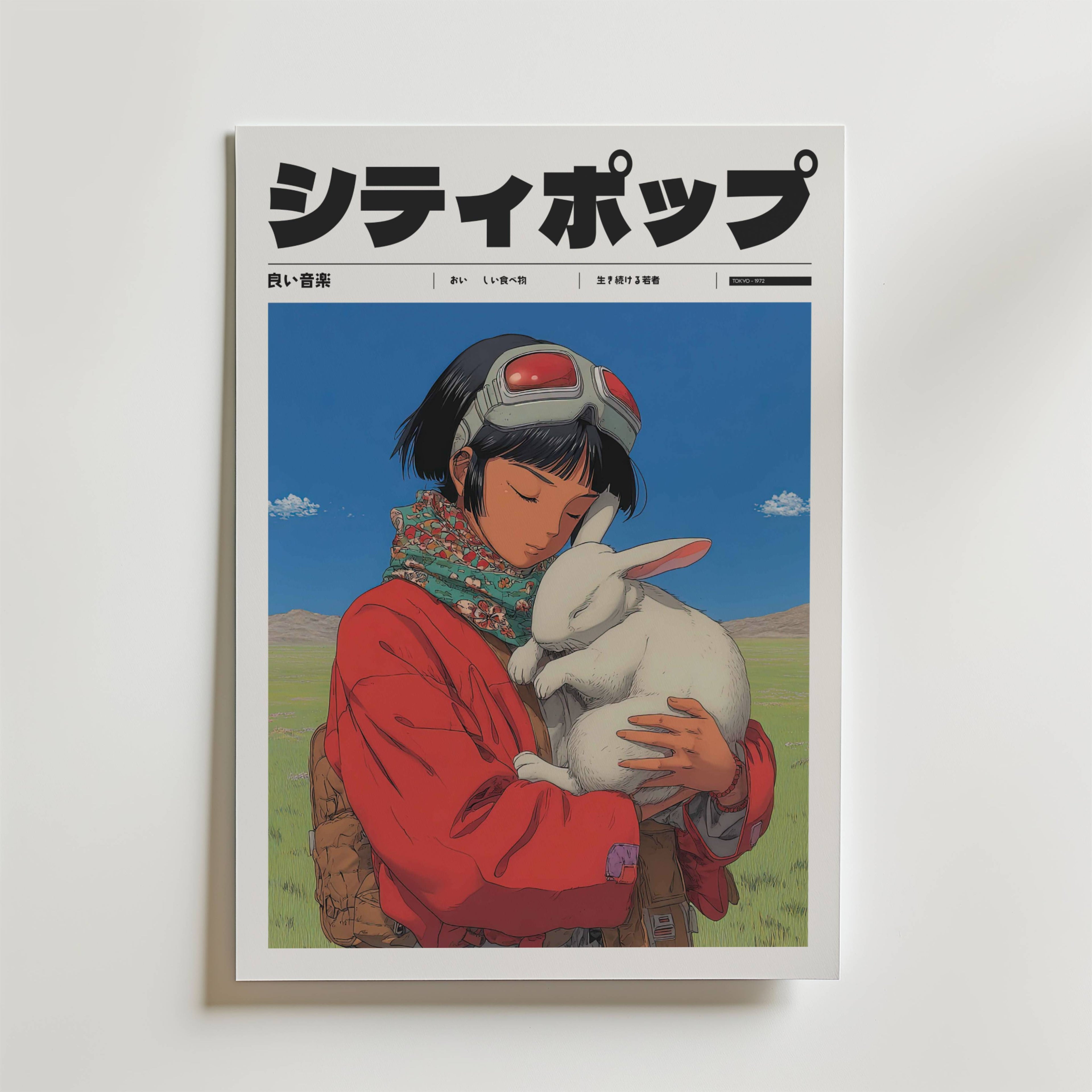 Postern Silent Fields från Bozetto föreställer en flicka i anime-stil i röd jacka med pilotglasögon som försiktigt håller i en vit kanin bland ett fridfullt fält och blå himmel. Japansk text accentuerar toppen av omslaget.