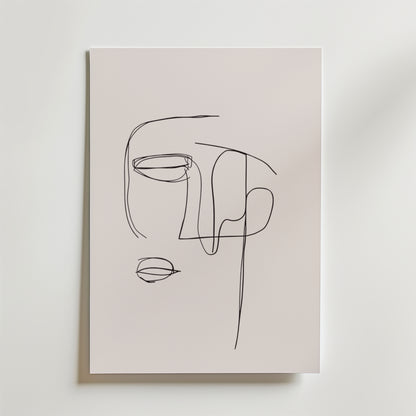 Bozetto Abstract One Line Face Poster visar ett minimalistiskt människoansikte i svarta linjer på premiumpapper med matt finish, mot en ljus bakgrund.