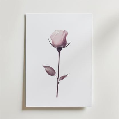 Bozetto Elegant Pink Rose Stem Poster visar en enda mjuk rosa ros med en lång stjälk och två blad, centrerad på en vit bakgrund och tryckt på premiumpapper - en perfekt minimalistisk inredningsdetalj.