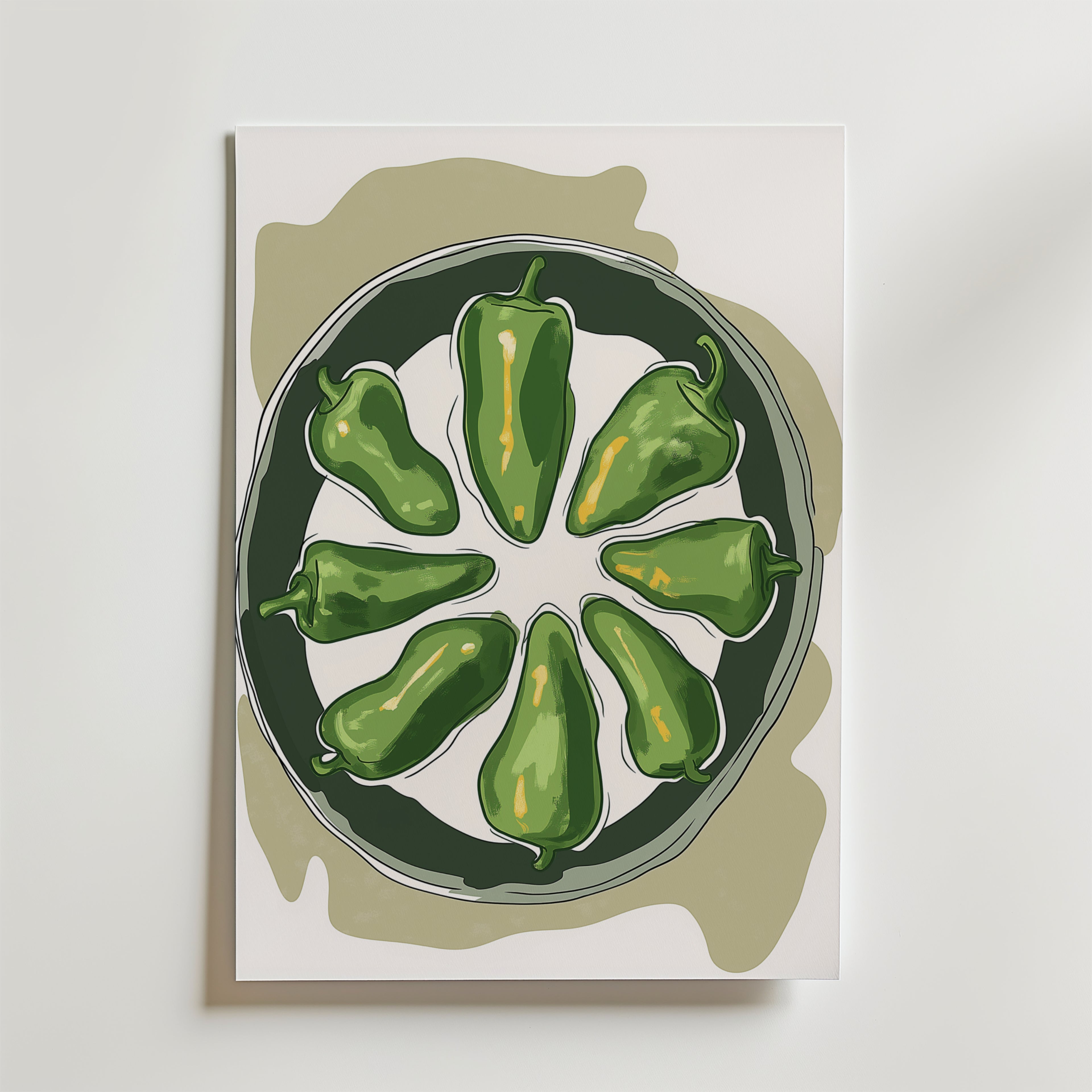 En illustrerad tallrik med sju gröna jalapeño pepparfrukter i en cirkel på en vit bakgrund med olivgröna former, som visas som Grilled Padrones Poster av Bozetto på premiumpapper med lyxigt matt yta.