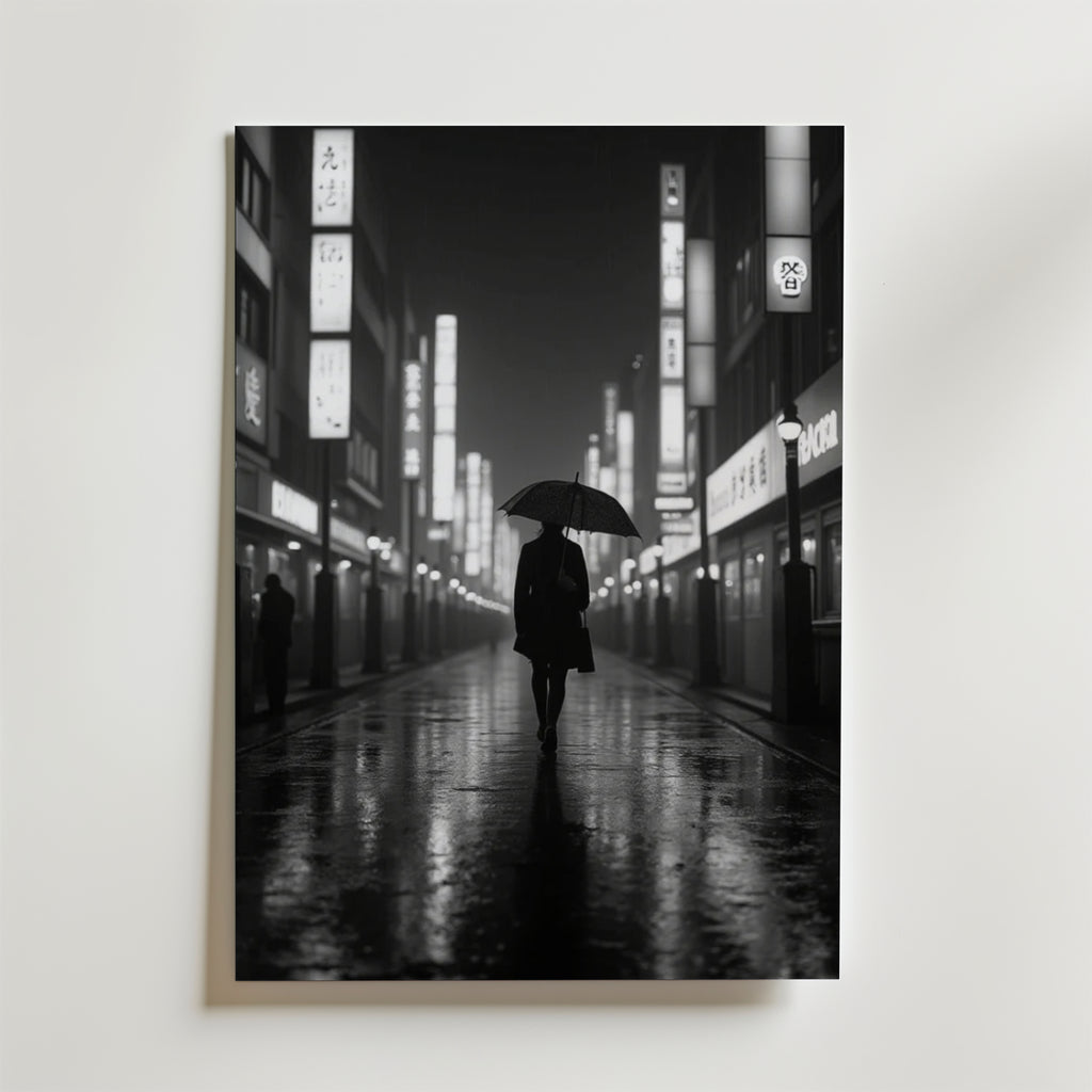 En ensam figur med ett paraply går på en våt stadsgata på natten, inramad av höga byggnader med glödande japanska skyltar, i denna stämningsfulla svartvita "Lonely Walk in the Rain Poster" från Bozetto.