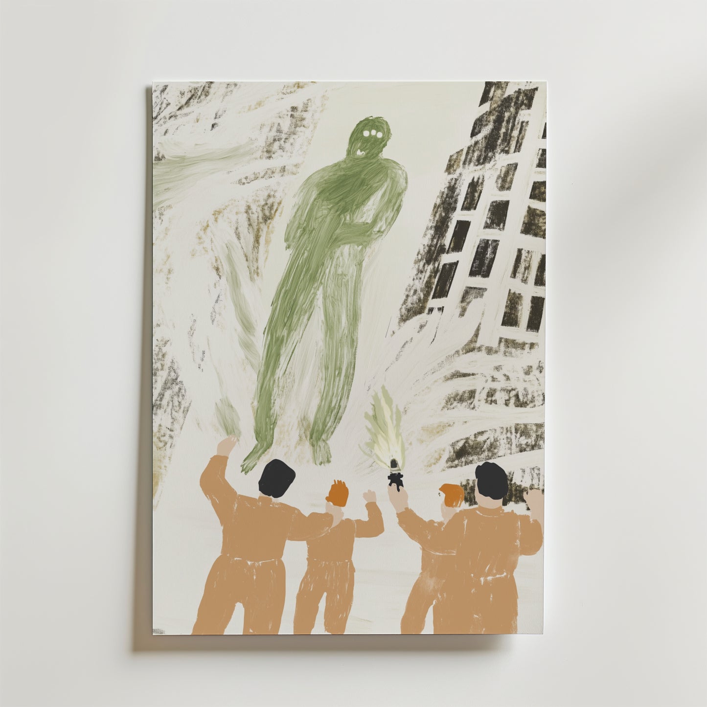 Fifth Encounter Poster från Bozetto föreställer fyra personer med höjda armar som konfronterar en stor, grön spektralfigur bland abstrakta byggnader. Den surrealistiska, mystiska stämningen förstärks av dämpade toner och premiumpapperskvalitet.