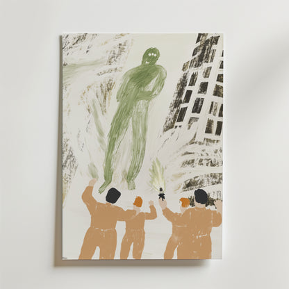 Fifth Encounter Poster från Bozetto föreställer fyra personer med höjda armar som konfronterar en stor, grön spektralfigur bland abstrakta byggnader. Den surrealistiska, mystiska stämningen förstärks av dämpade toner och premiumpapperskvalitet.