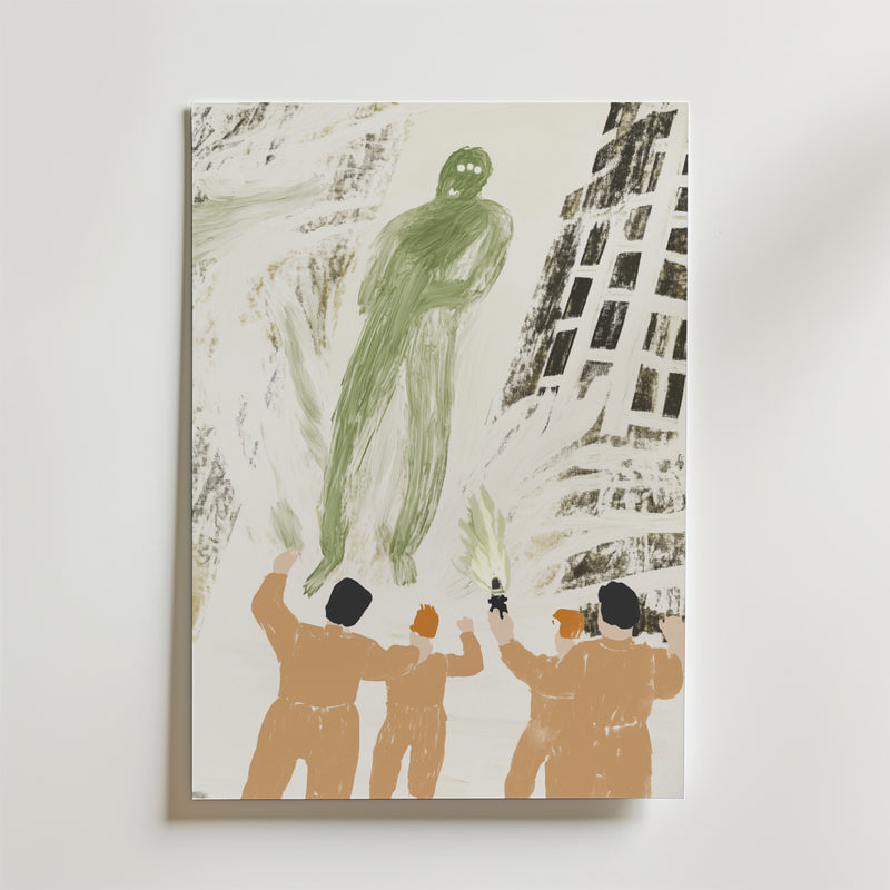 Fifth Encounter Poster från Bozetto föreställer fyra personer med höjda armar som konfronterar en stor, grön spektralfigur bland abstrakta byggnader. Den surrealistiska, mystiska stämningen förstärks av dämpade toner och premiumpapperskvalitet.