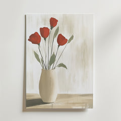 Bozetto Red Roses In Vase Poster föreställer en beige vas med fem röda blommor och gröna blad på en texturerad ljus bakgrund, tryckt på premiumpapper för en lyxigt matt yta - perfekt för elegant inredning.