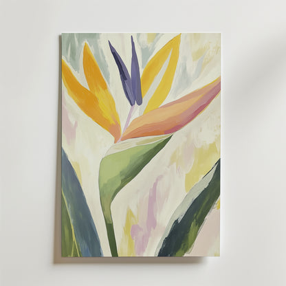 Bozetto Abstract Tropical Poster visar en paradisfågelblomma i levande gult, orange, grönt och lila på en ljus, texturerad bakgrund, tryckt på FSC-certifierat premiumpapper med en lyxig matt finish.