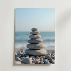 Bozetto Balanced Rocks Poster föreställer släta, staplade stenar på en stenstrand med havet och den klarblå himlen i bakgrunden, vilket skapar en harmonisk atmosfär.