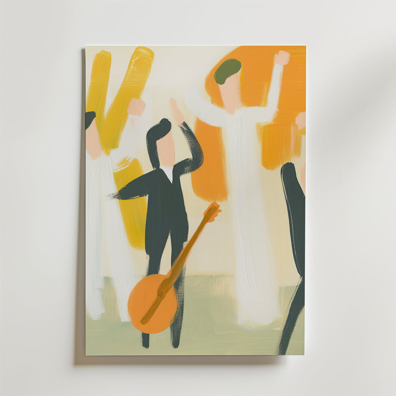 In Rhythm We Rise Abstract Poster" av Bozetto har fyra minimala svartvita figurer, varav en med gitarr, mot djärva orange och gula penseldrag på matt premiumpapper för en raffinerad look.