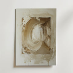 Abstract Passage Poster by Bozetto har abstrakta virvlar och geometriska former i beige och brunt, med cirkelrörelser som övergår i en rektangel, accentuerat av droppar och texturerade penseldrag på premiumpapper.