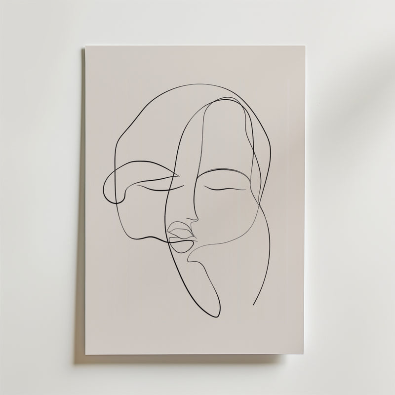 En minimalistisk linjeteckning av ett lugnt människoansikte, gjord med en enda svart linje på premiumpapper, definierar Bozetto United Souls Poster - ett elegant konstverk som kan visas på en vit vägg.