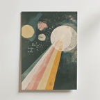 Bozetto Dark Side of the Moon Poster visar en planet som sänder ut en regnbågsstråle, bland stjärnor och mindre planeter. Dämpade pastellfärger förstärker denna iögonfallande affisch, med en slående central text för extra visuell attraktion.