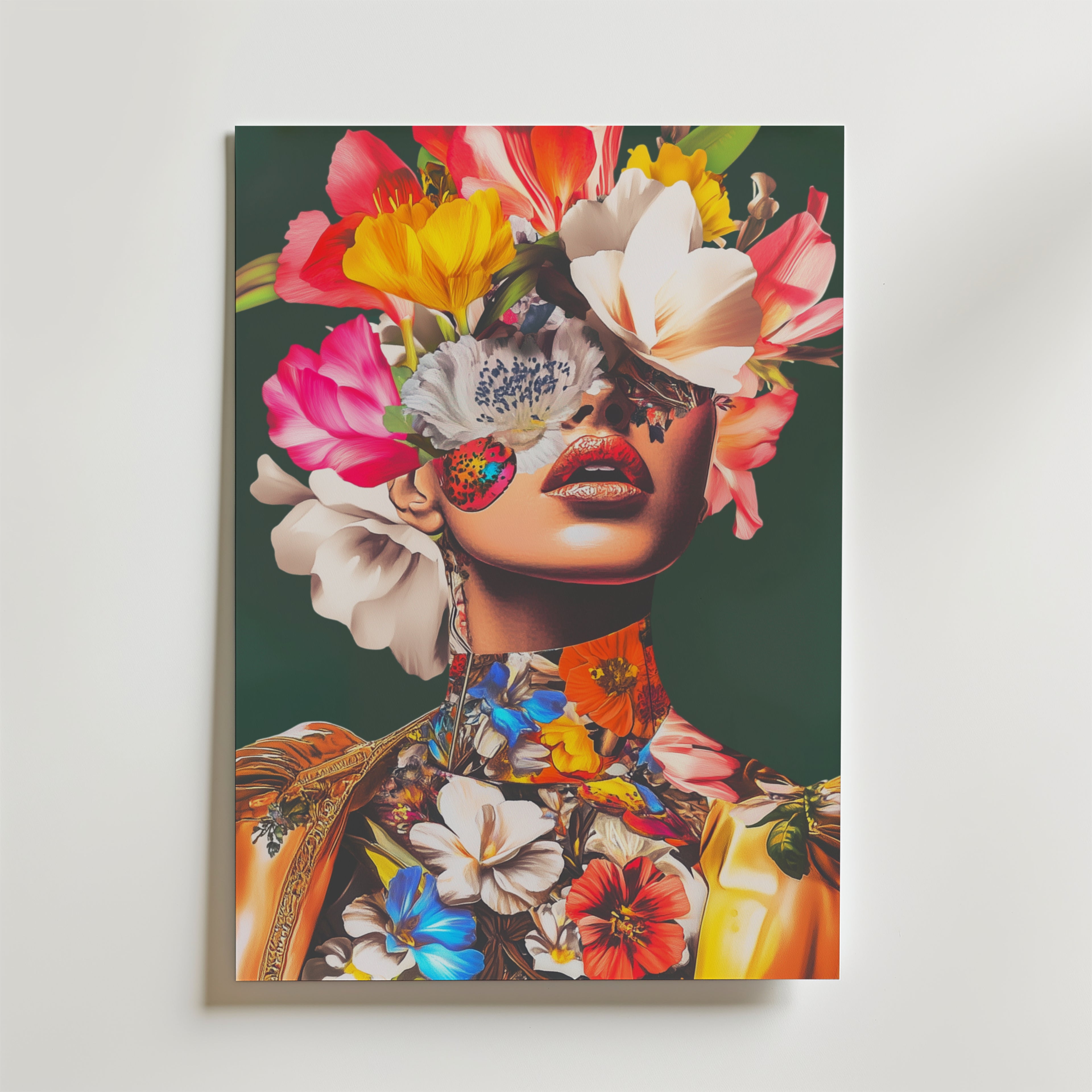 Bozetto Floral Mask Portrait Poster föreställer en kvinnas ansikte och överkropp prydda med blommande blommor mot en mörkgrön bakgrund, där blommiga och mänskliga element blandas på premiumpapper i en djärv, konstnärlig stil.