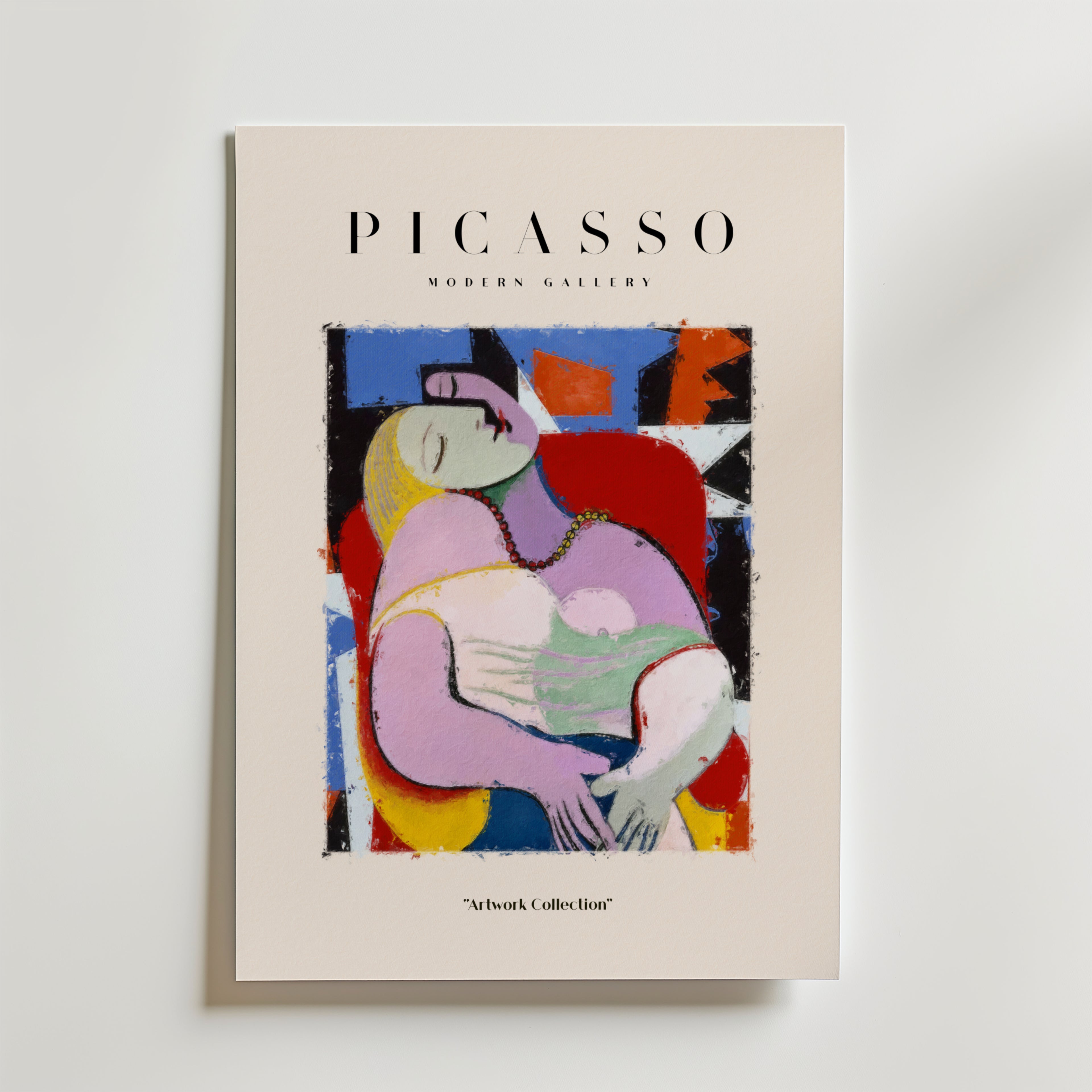 Bozetto Picasso Cubist Siesta Poster visar en livfull abstrakt målning av en liggande kvinna, inspirerad av Picassos kubistiska stil. På postern står det "PICASSO MODERN GALLERY" med "Artwork Collection" under bilden.
