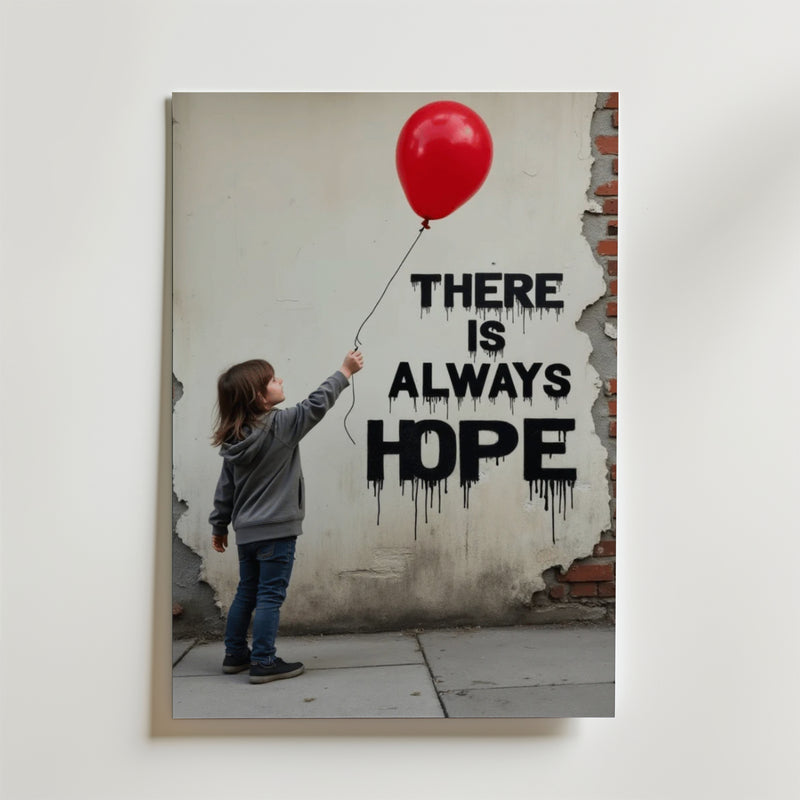 Bozetto There Is Always Hope Poster visar ett barn med en röd ballong som sträcker sig mot en tegelvägg med graffiti som lyder "THERE IS ALWAYS HOPE", och fångar en inspirerande scen mot åldrade tegelstenar och flagnande färg.