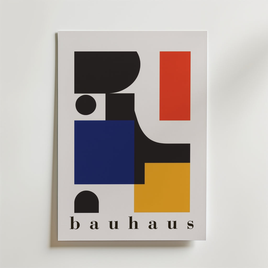Bauhaus Geometric Shapes Poster från Bozetto har djärva svarta, blå, röda och gula former på vit botten. Postern är tryckt på premiumpapper med en lyxig matt finish och "bauhaus" är tryckt med små bokstäver längst ner.