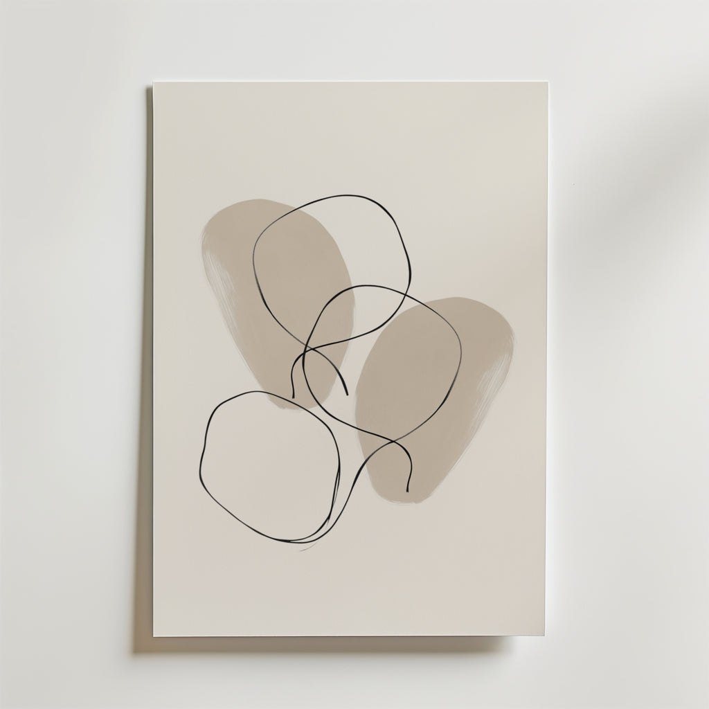 Linear Harmony Poster by Bozetto har minimalistisk abstrakt konst med två mjuka beige former och tre överlappande svarta linjeslingor, tryckt på premiumpapper för en lyxig matt finish.