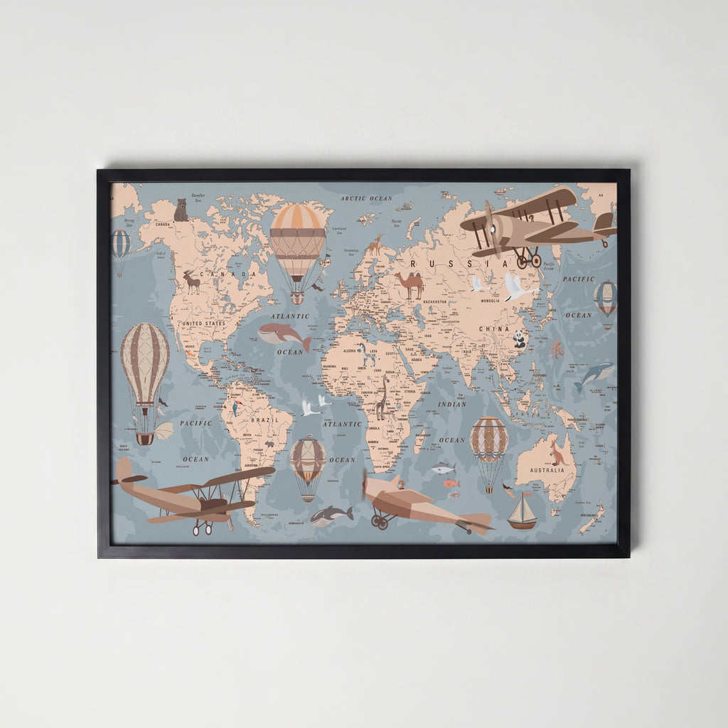 Adventure Map Poster, världskarta för barnrummet i svart ram, konsttryck från Bozetto