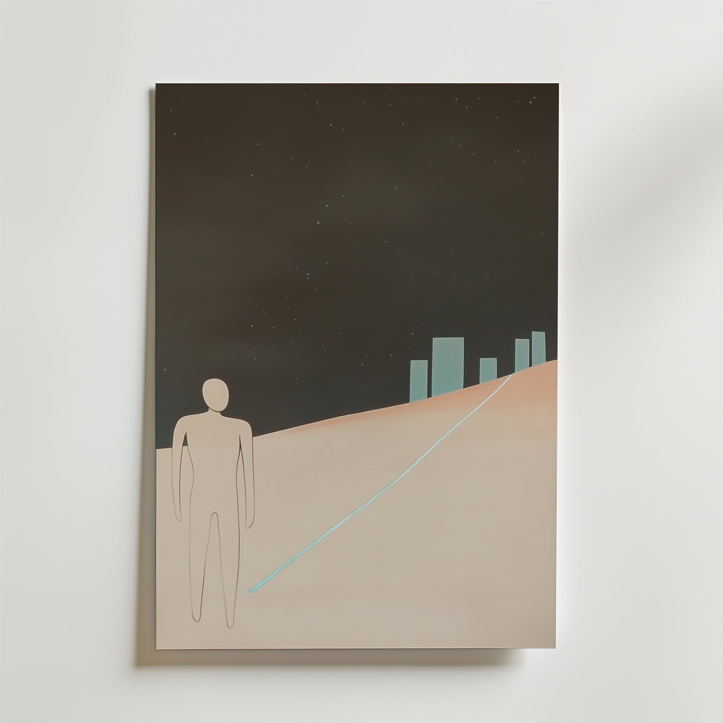 Bozettos The Long Walk Poster visar en ansiktslös figur som korsar ett kargt landskap under en stjärnklar himmel, med en glödande väg till avlägsna byggnader. Tryckt på premiumpapper med en lyxig matt finish för en raffinerad look.