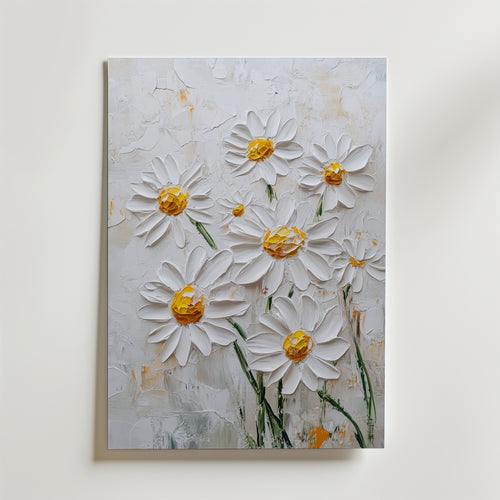 Bozetto Daisy Dreams Poster visar ett blommönster av vita prästkragar med gul mitt på en ljus, abstrakt bakgrund. Tjockt målade kronblad ger textur, allt tryckt på FSC-certifierat premiumpapper.