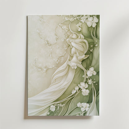 En elegant, stiliserad kvinna i böljande vita kläder med gröna blad och vita blommor smälter in i en mjuk, naturinspirerad bakgrund - perfekt som Abstract Blossom Grace Poster by Bozetto på premiumpapper med en lyxig matt finish.
