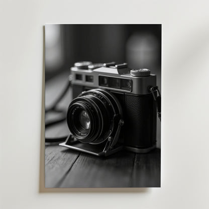 Bozetto Old School Camera Poster föreställer ett svartvitt foto av en vintage filmkamera på trä mot en enfärgad bakgrund - perfekt för alla som vill ha en nostalgisk touch i sin inredning.