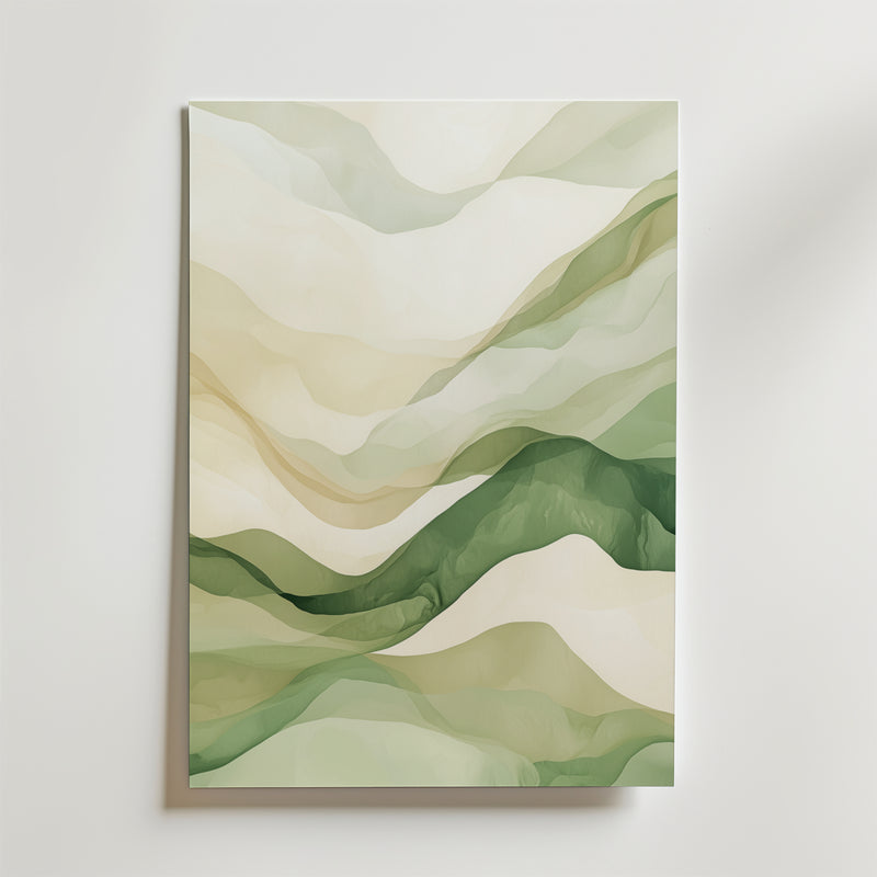 Abstract Waves of Serenity Poster by Bozetto: Mjuka gröna och beige lager framkallar böljande kullar eller vågor. Denna poster i premiumpapper ger en lugnande atmosfär till ditt rum - perfekt att visa på en vit vägg.