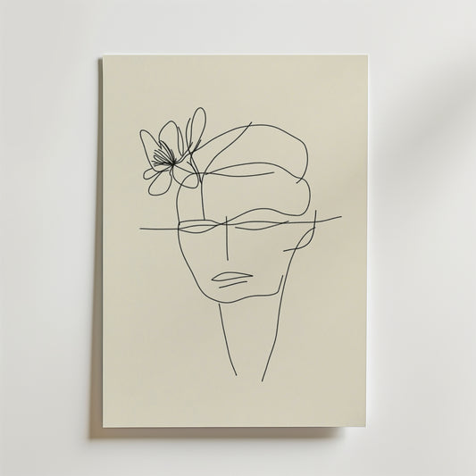Bozetto Floral Mind Line Art Poster föreställer ett ansikte med en blomma på huvudet, tecknat med en enda svart linje på beige premiumpapper. Detta FSC-certifierade konstverk visas monterat på en vit vägg.