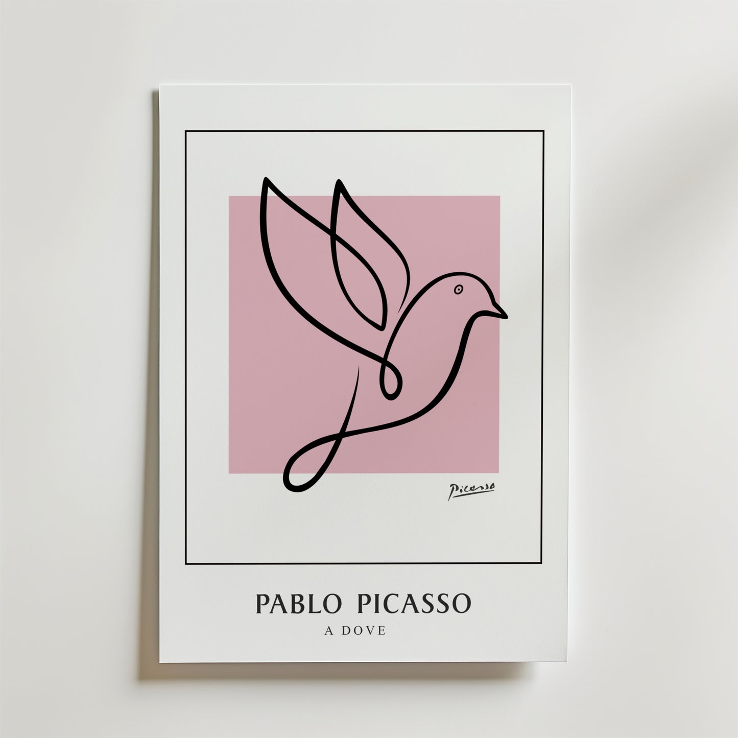 Picasso Bird of Hope Poster från Bozetto visar minimalistisk linjekonst av en duva över en rosa kvadrat. Nedanför är "PABLO PICASSO" och "A DOVE" tryckta i feta svarta versaler.