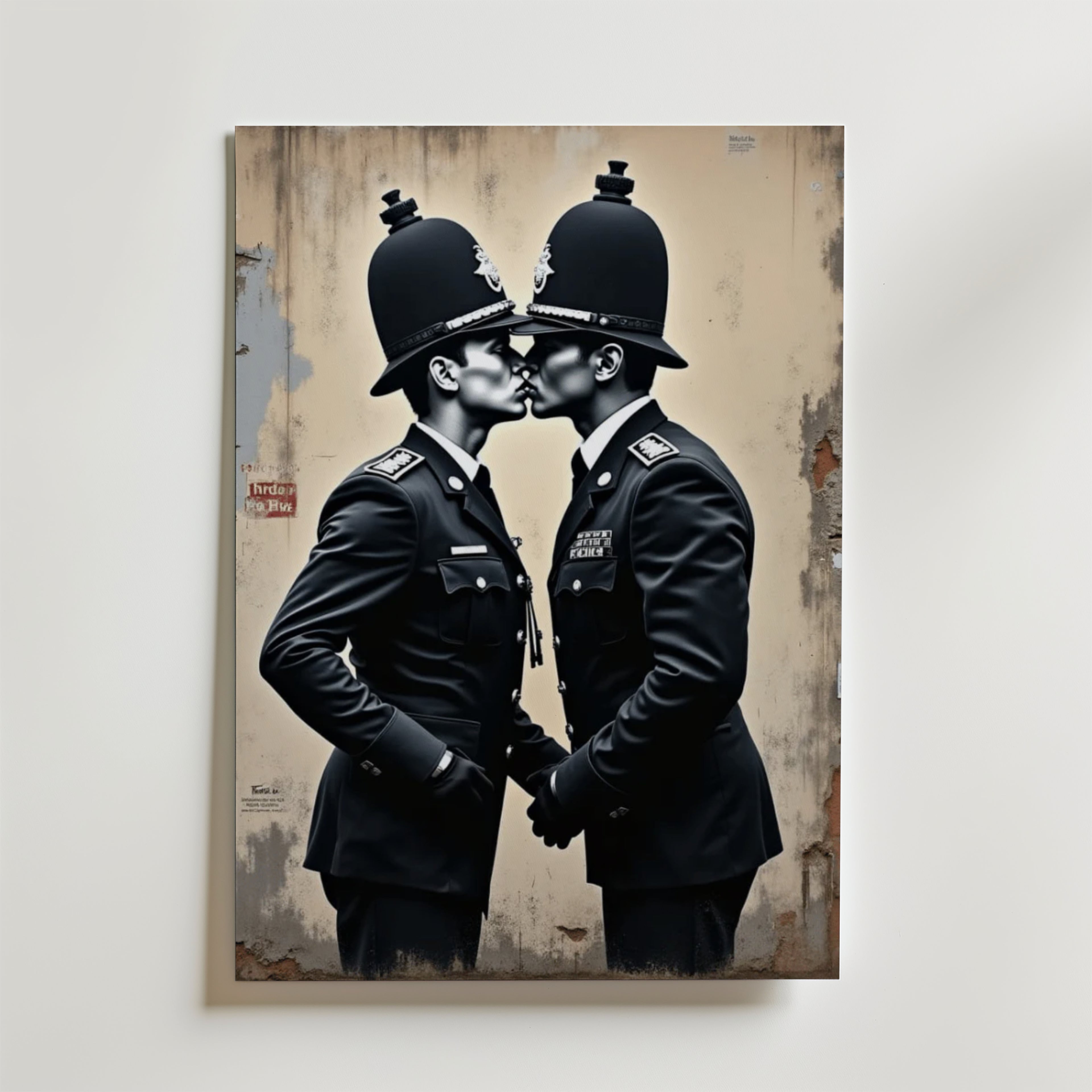 Två uniformerade poliser kysser varandra och håller varandra i handen, deras höga hjälmar och mörka uniformer sticker ut mot en texturerad beige vägg - fångade i Bozettos Uniform Love Poster, tryckt på premiumpapper.