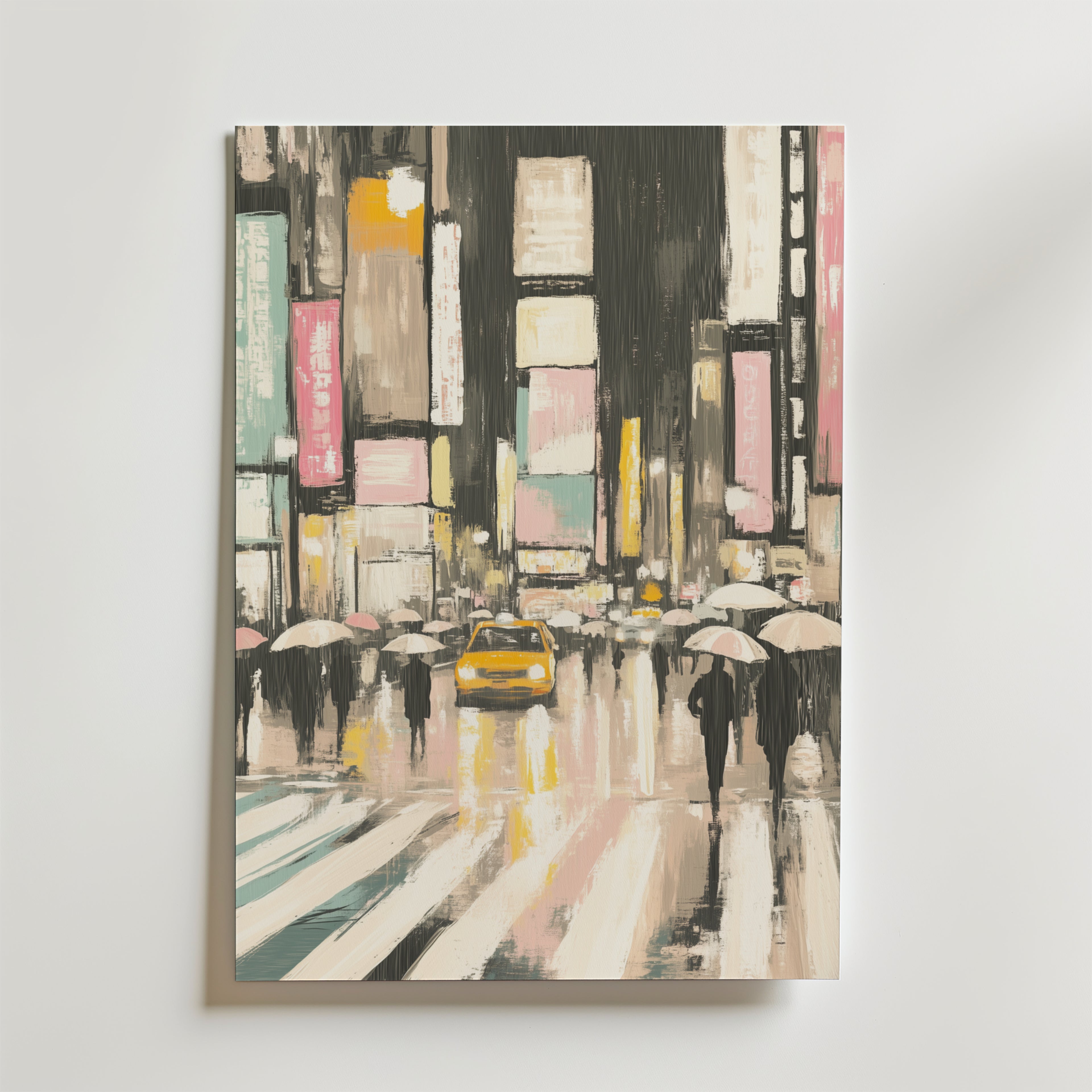 Bozetto Neon Downpour Poster visar en regnig stadsgata på natten, människor med paraplyer, livliga neonskyltar och en central gul taxi. Tryckt på premiumpapper med matt yta, reflektioner skimrar på den våta trottoaren.