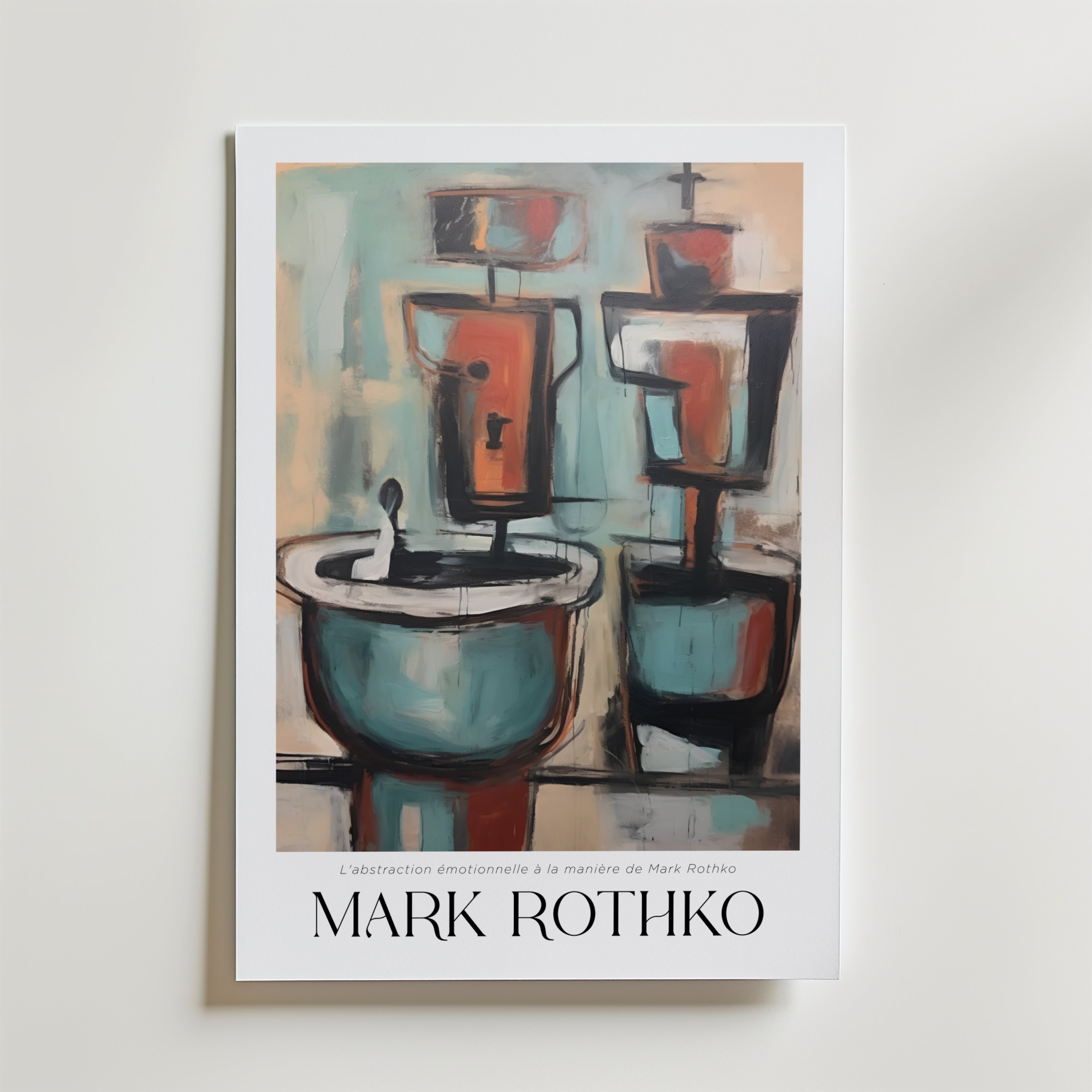 Ritual Balance Mark Rothko Poster från Bozetto har abstrakta geometriska former i blågrönt, orange och svart som påminner om ett handfat och en spegel. Tryckt på FSC-certifierat premiumpapper för en högkvalitativ finish. Text nedan: Labstraction émotionnelle à la manière de Mark Rothko och MARK ROTHKO.