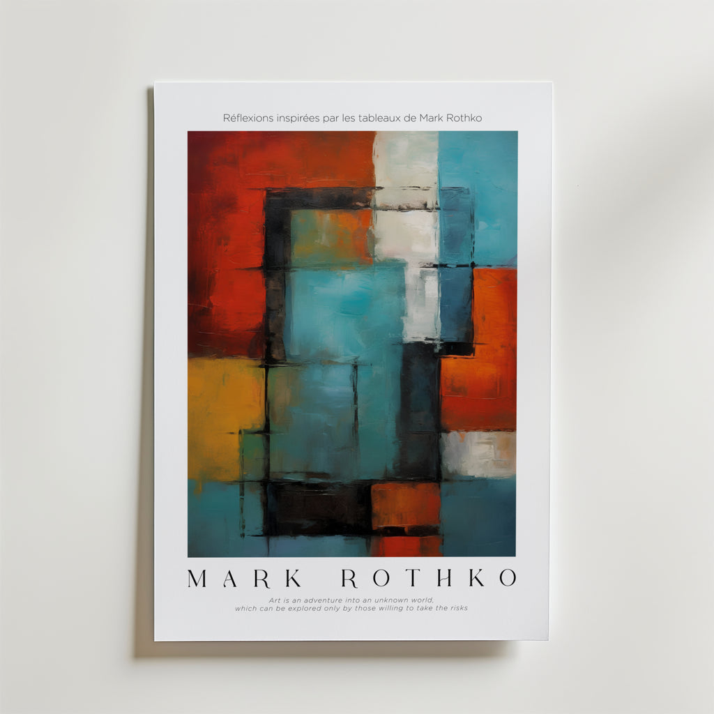 Bozetto Rhythmic Blocks Mark Rothko Poster visar abstrakta former i rött, svart, blått och orange på FSC-certifierat premiumpapper, med "MARK ROTHKO" och ett citat från art & discovery nedanför.