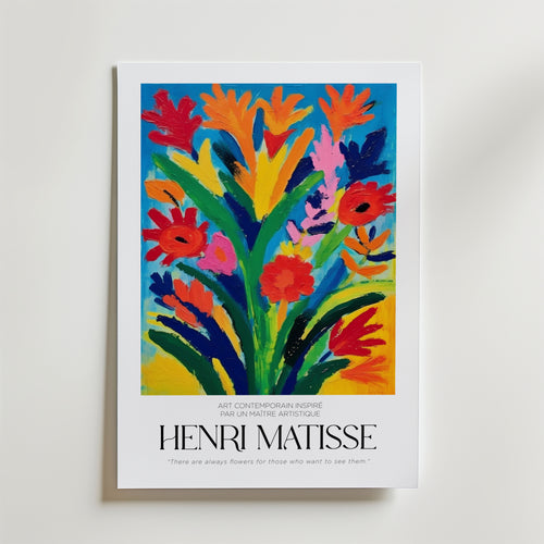 Fleurs Sauvages Matisse Poster från Bozetto har en djärv, färgstark abstrakt bukett inspirerad av Matisse, tryckt på FSC-certifierat premiumpapper. Under konstverket finns orden "Henri Matisse" och ett citat med blomstertema.
