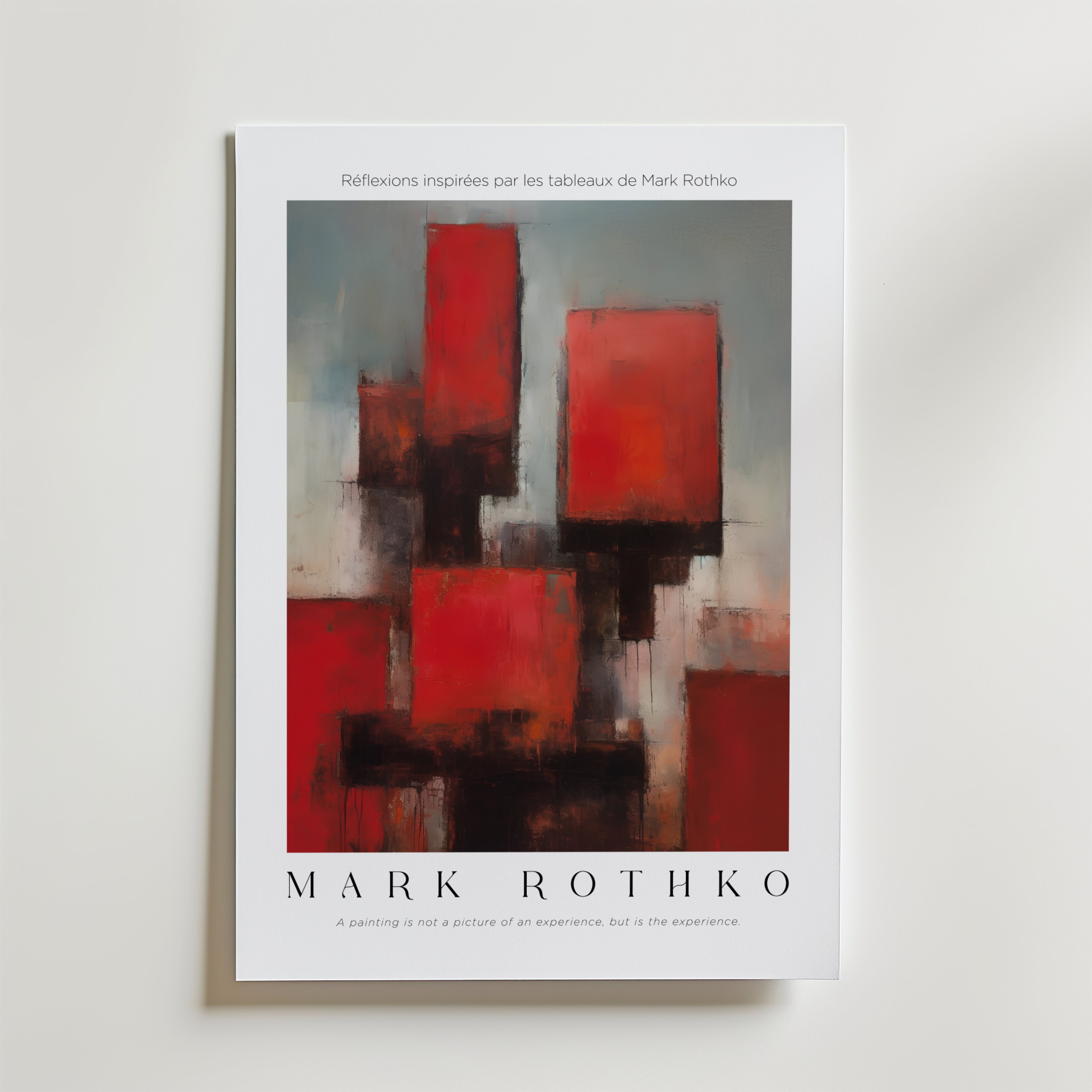 Bozetto Red Remains Mark Rothko Poster har djärva röda, svarta och grå abstraktioner på FSC-certifierat premiumpapper med lyxigt matt yta. Text överst: "Réflexions inspirées par les tableaux de Mark Rothko.