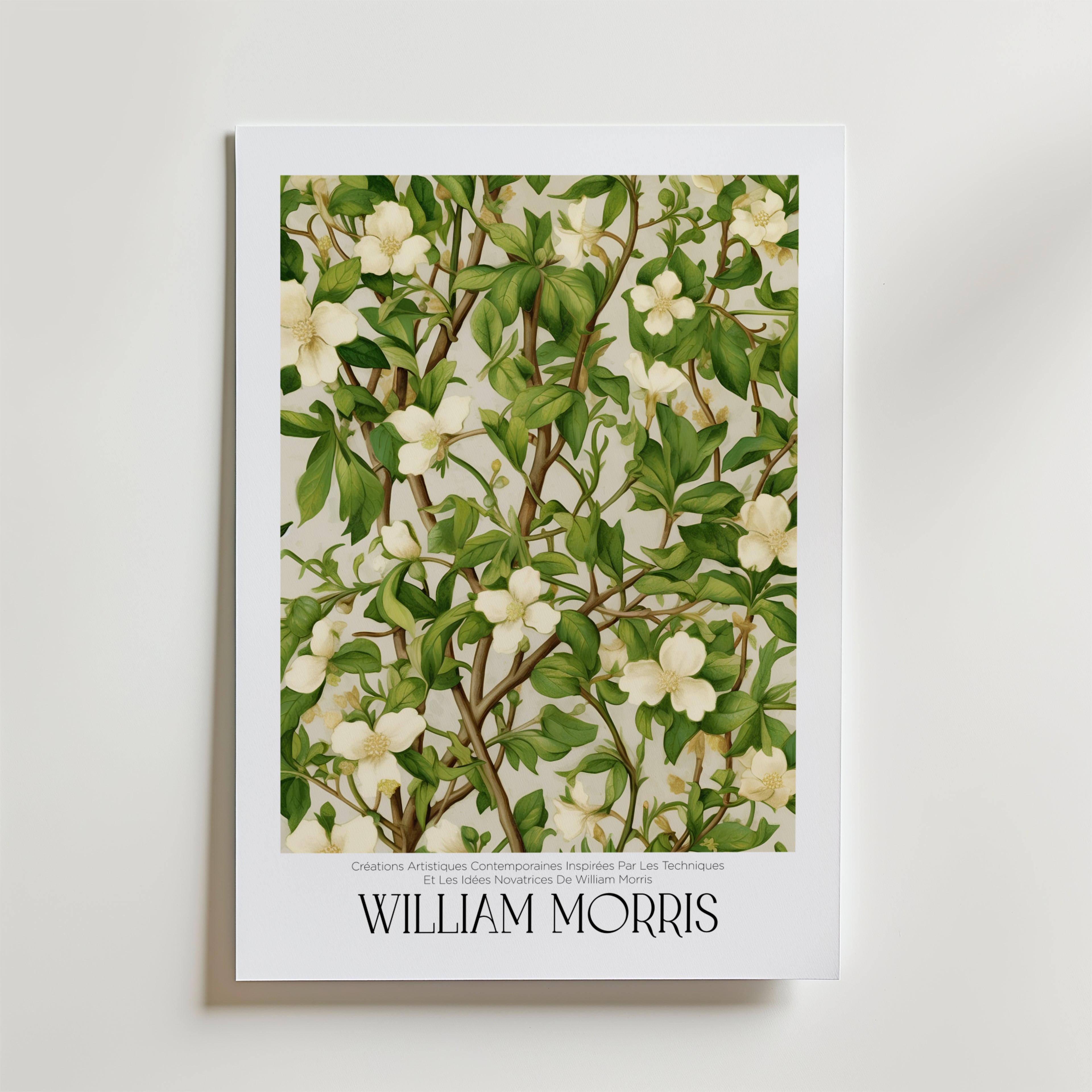 William Morris Ivory Blossom Vine Poster – En elegant poster med slingrande grenar, frodiga gröna blad och mjuka elfenbensvit