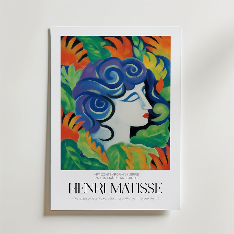 La Muse Végétale Matisse Poster från Bozetto visar ett färgstarkt porträtt av en kvinna med blått hår bland gröna, orangea och gula blad, med "Henri Matisse" och ett citat om naturens skönhet nedanför.