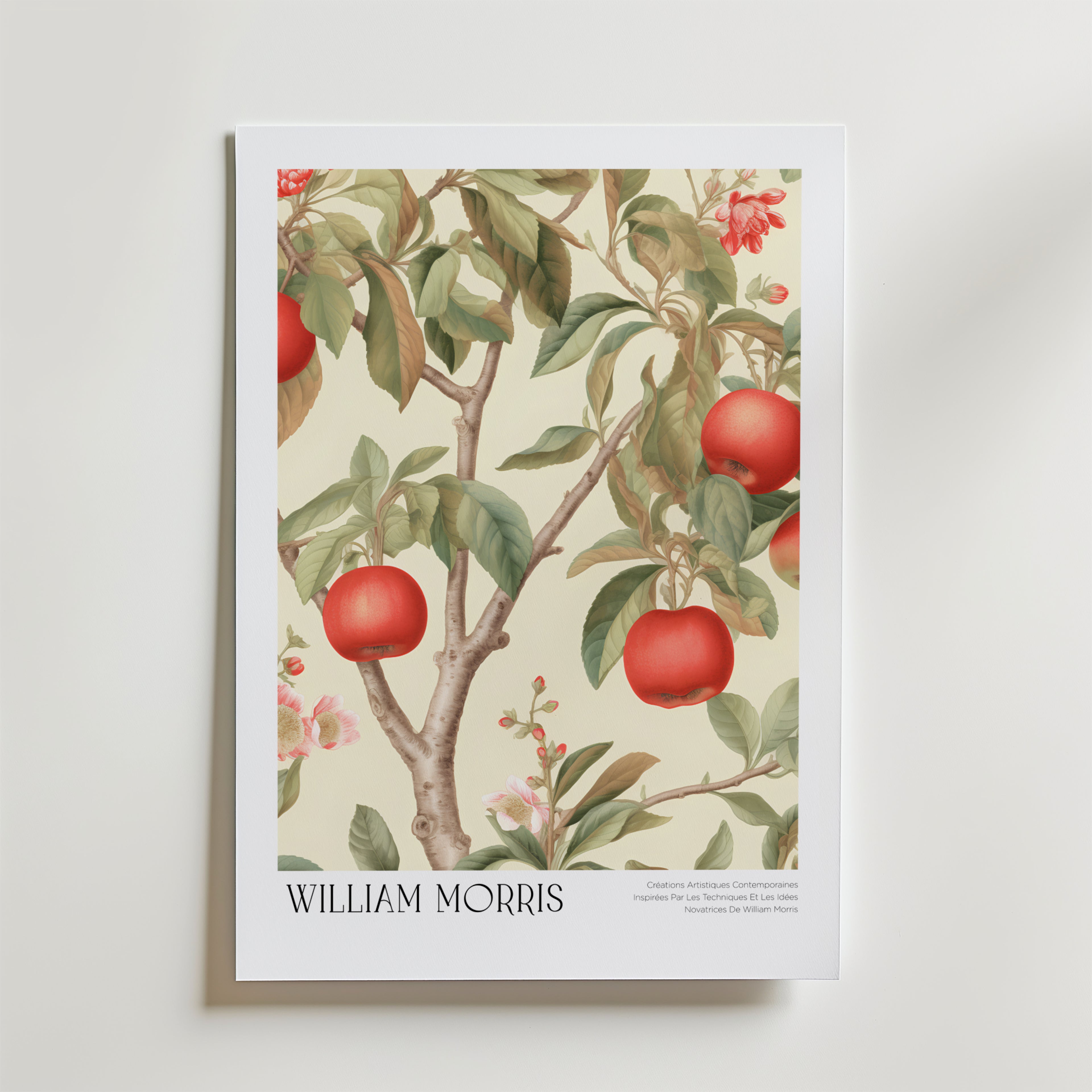 William Morris Crimson Orchard Apple Poster – En klassisk botanisk poster med röda äpplen som hänger bland mjukt målade blad 