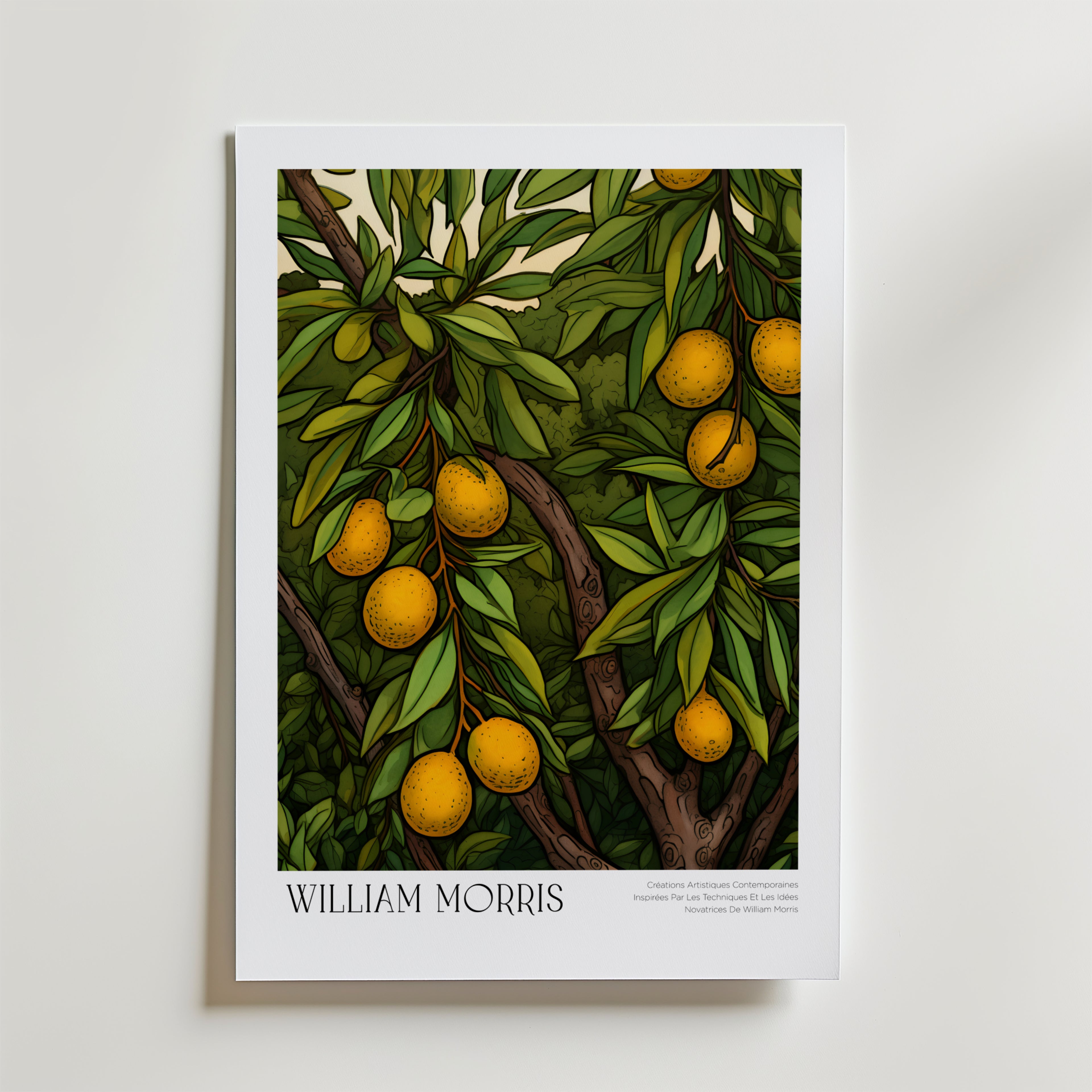 William Morris Golden Orchard Poster – En dekorativ poster med gyllene citrusfrukter bland täta, djupgröna blad och slingrand