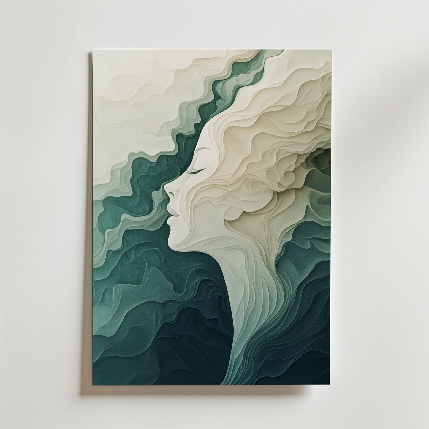 Echoes of the Soul Poster by Bozetto har abstrakt konst av en lugn kvinnoprofil som blandas med krämfärgade, tealfärgade och mörkgröna vågor och skapar en eterisk stämning. Tryckt på premiumpapper med lyxigt matt yta för en lyxig finish.