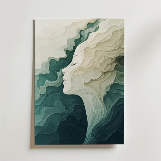 Echoes of the Soul Poster by Bozetto har abstrakt konst av en lugn kvinnoprofil som blandas med krämfärgade, tealfärgade och mörkgröna vågor och skapar en eterisk stämning. Tryckt på premiumpapper med lyxigt matt yta för en lyxig finish.