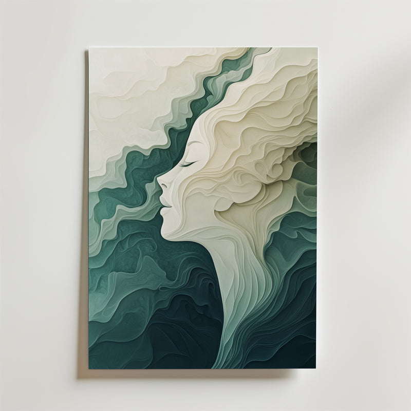Echoes of the Soul Poster by Bozetto har abstrakt konst av en lugn kvinnoprofil som blandas med krämfärgade, tealfärgade och mörkgröna vågor och skapar en eterisk stämning. Tryckt på premiumpapper med lyxigt matt yta för en lyxig finish.