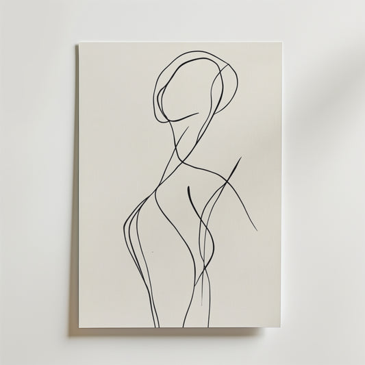 Bozetto's Abstract Curvy Female Poster visar flödande svarta linjer på premiumpapper som bildar en minimalistisk figur mot en vit canvas - perfekt för moderna, ljusa väggar.