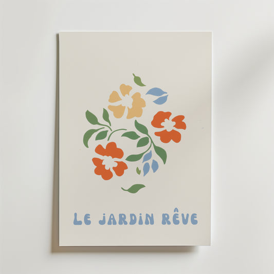 Bozetto Floral väggkonst garden green Poster föreställer minimala orange och gula blommor med gröna blad och "LE JARDIN RÊVE" i blått på en vit bakgrund, tryckt på FSC-certifierat premiumpapper.